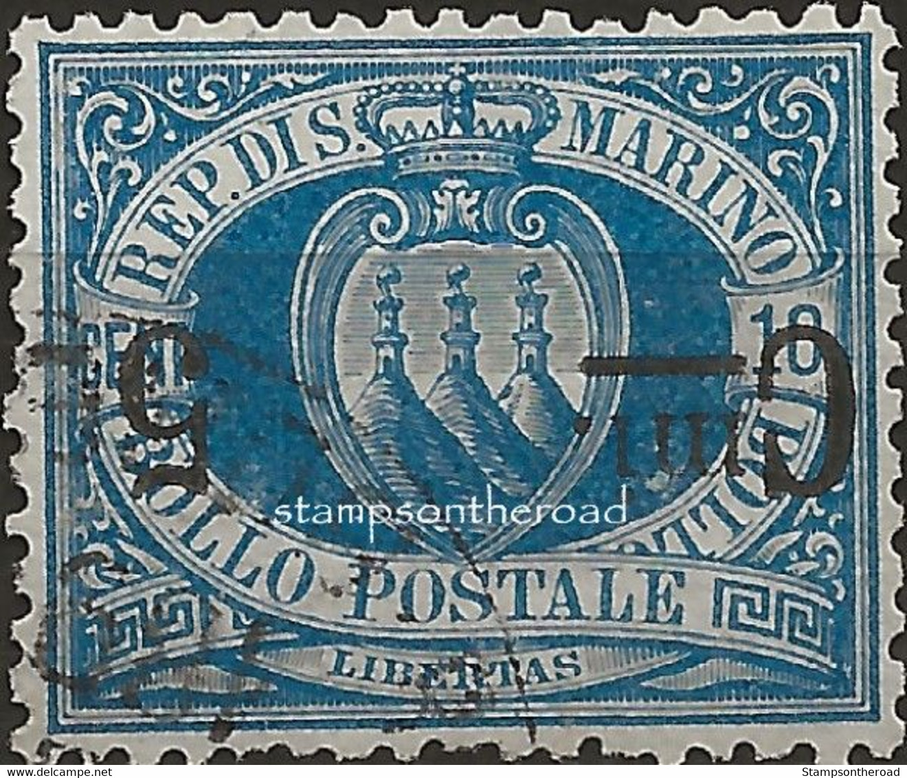 SM8aU - San Marino 1892, Sassone Nr. 8a, 5 Su 10 Cent. Azzurro - Varietà Firmata Dal Perito - Gebruikt