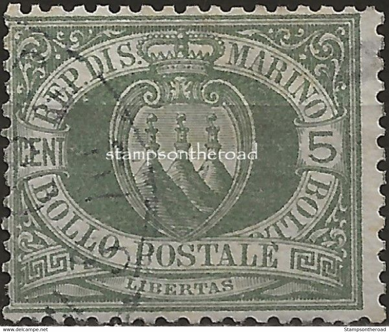 SM13aU - San Marino 1892/94, Sassone Nr. 13a, 5 Cent. Verde Oliva Grigiastro - Difettato - Gebruikt