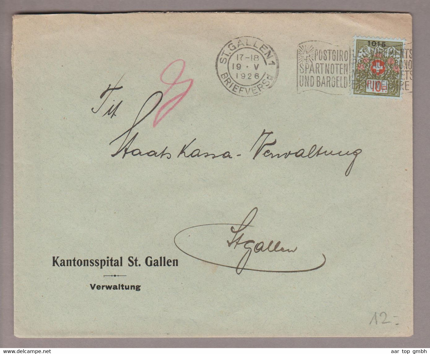 CH Portofreiheit Zu#9 10Rp. GR#1015 Brief 1926-05-19 St.Gallen Kantonsspital St.Gallen - Franchise