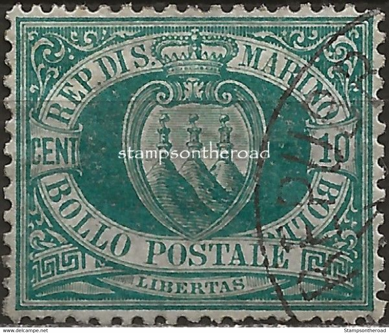 SM14U - San Marino 1892/94, Sassone Nr. 14, 10 Cent. Verde Azzurro - Ottima Centratura - Gebruikt