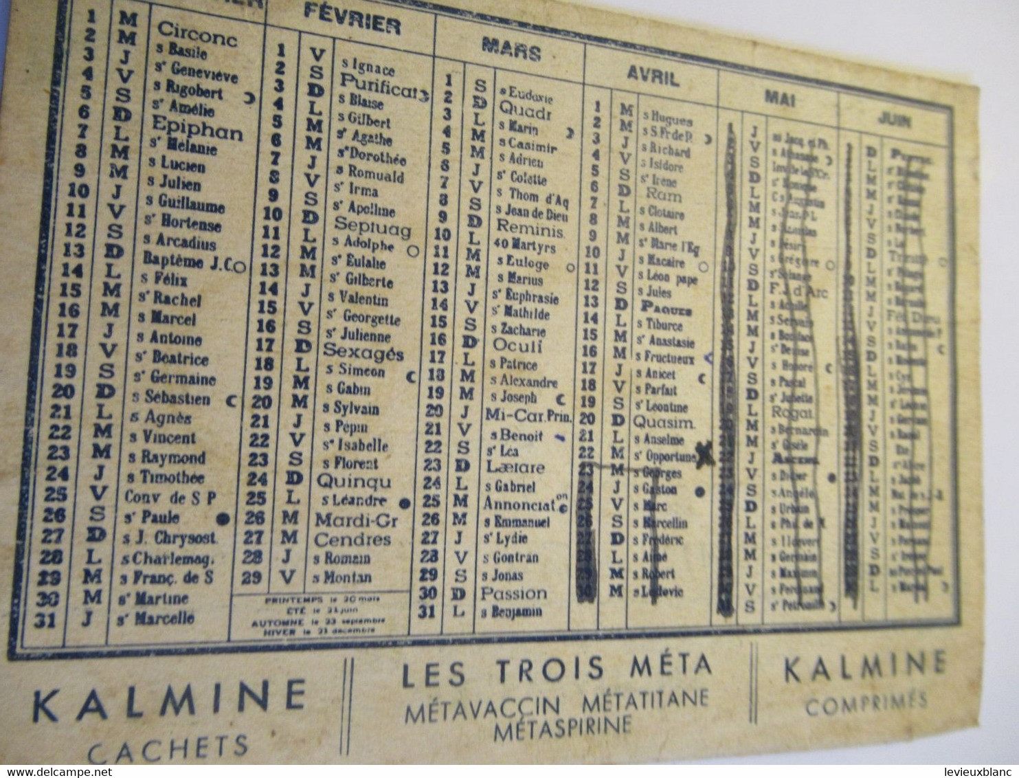Petit Calendrier De Poche/Publicitaire KALMINE/Usagé/ Mentions De Dates De Permissions/TOURS/Labo Métadier/1952  CAL503 - Petit Format : 1961-70