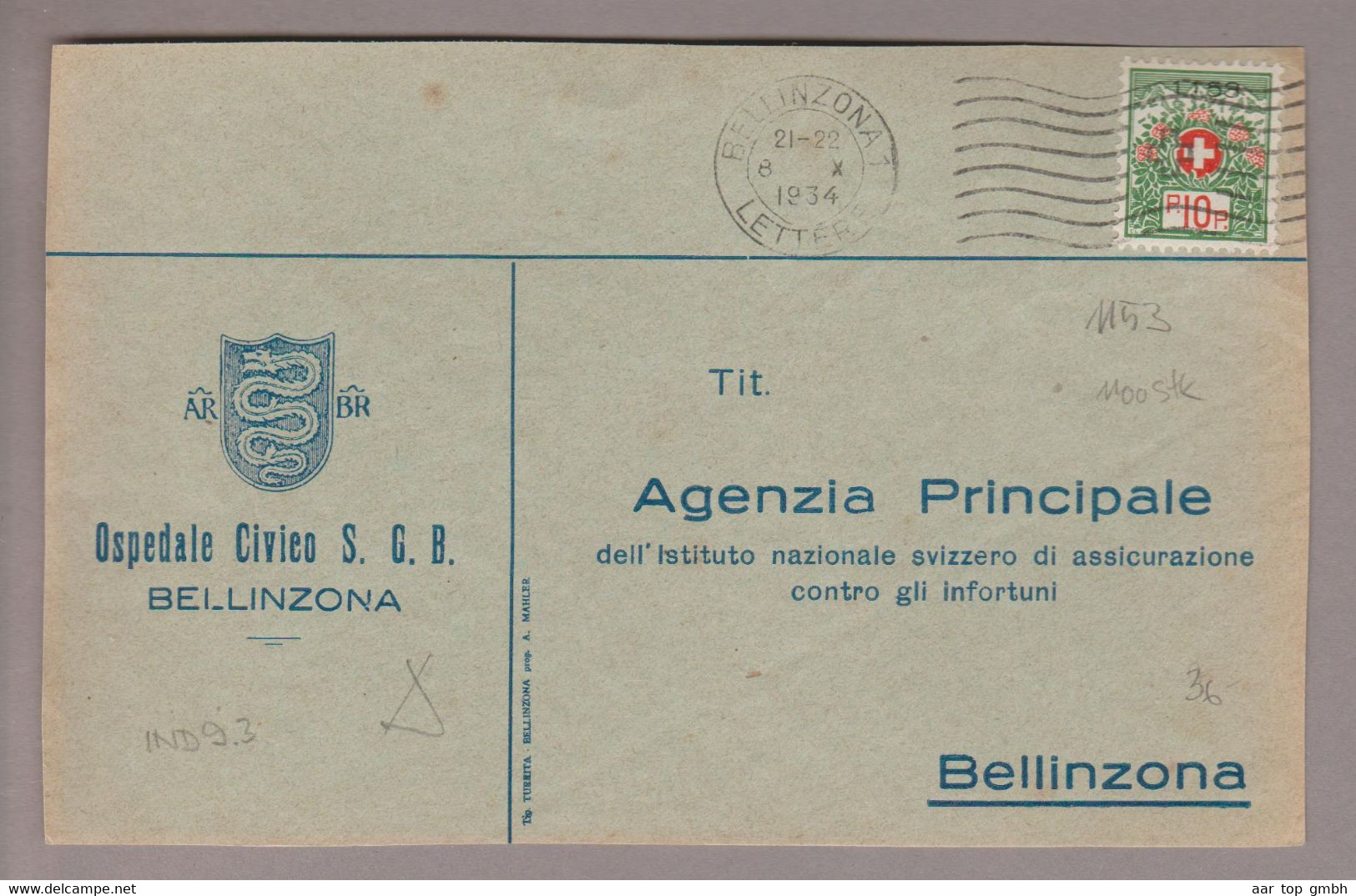 CH Portofreiheit Zu#12A 10Rp. GR#1153 Briefstück 1934-10-08 Bellinzona Ospedale Civico Bellinzona - Franchise