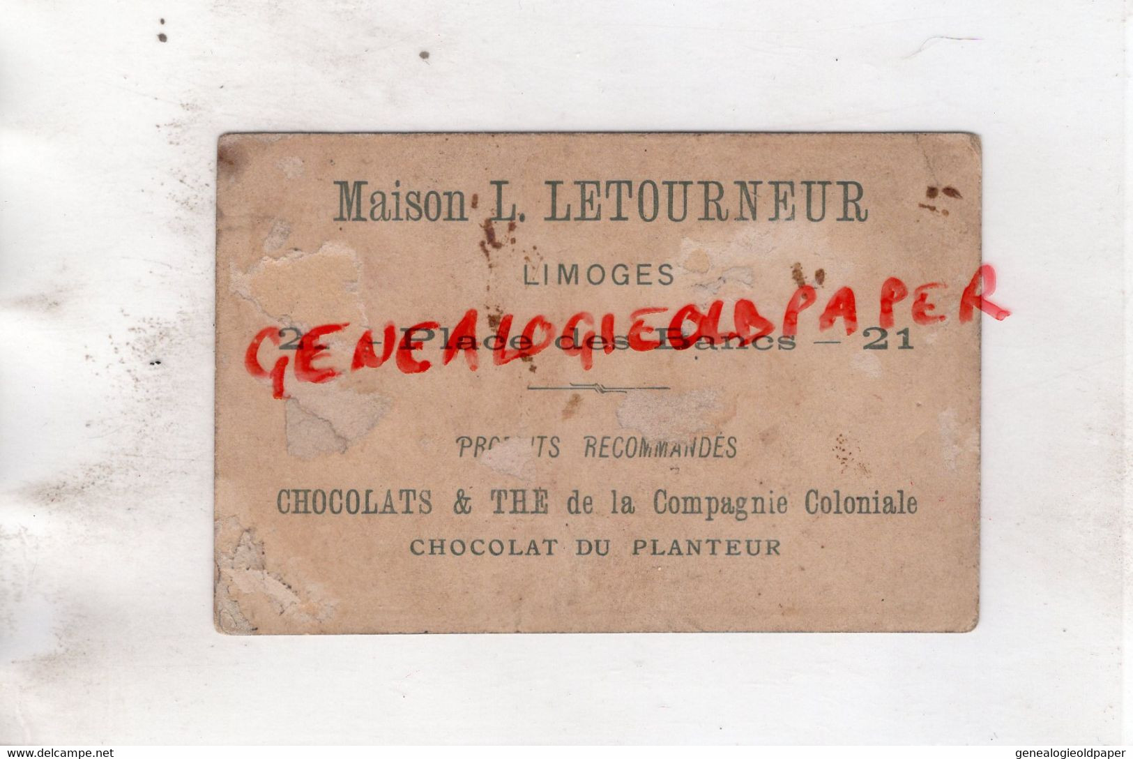 87-LIMOGES- RARE CHROMO CHOCOLAT PLANTEUR LABOUREUR 1200-MAGASIN L. LETOURNEUR CHOCOLATS THE -2 PLACE DES BANCS - Altri & Non Classificati