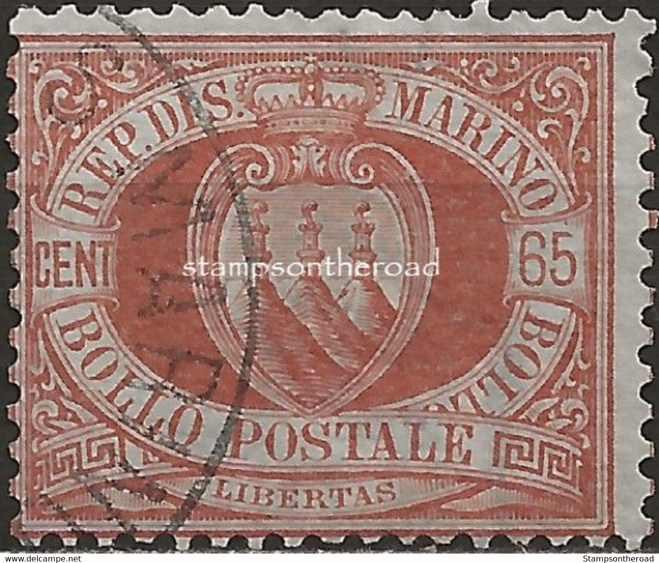 SM19U - San Marino 1892/94, Sassone Nr. 19, 65 Cent. Bruno Rosso - Oblitérés