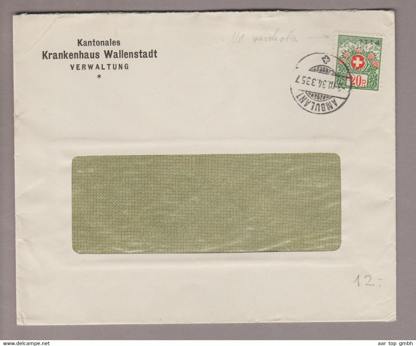 CH Portofreiheit Zu#13A 20Rp. GR#1114 Brief 1934-03-03 Ambulant Krankenhaus Wallenstadt - Vrijstelling Van Portkosten