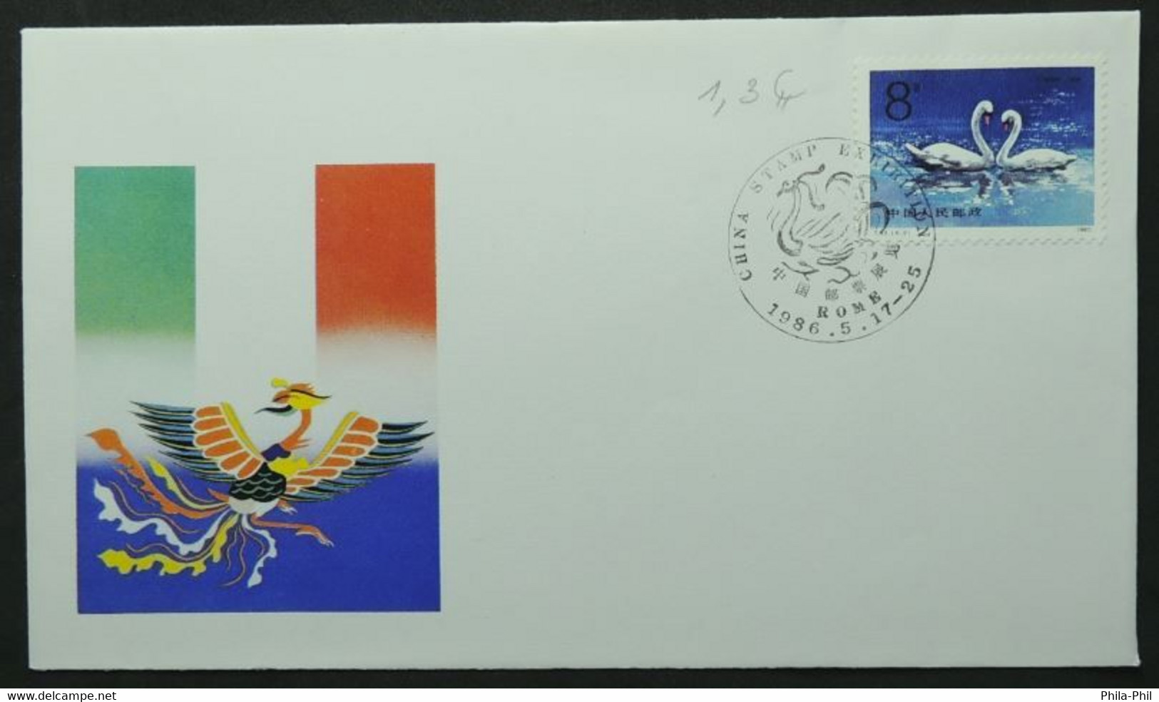 FDC - 1er Jour, Cygnes, Oiseaux, Phénix, Anatidae, Rome, Italie, Chine (Swans, Birds - China, Italia) - Cygnes