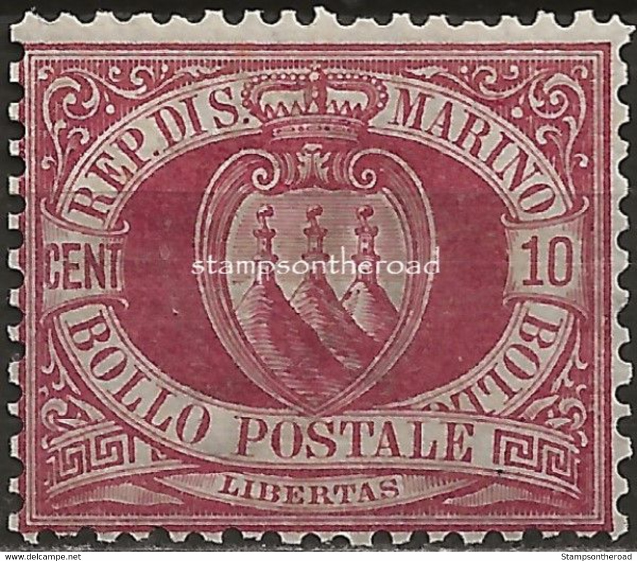 SM28N - San Marino 1894/99, Sassone Nr. 28, 10 Cent. Rosso Bruno, Francobollo Nuovo Senza Linguella - Unused Stamps