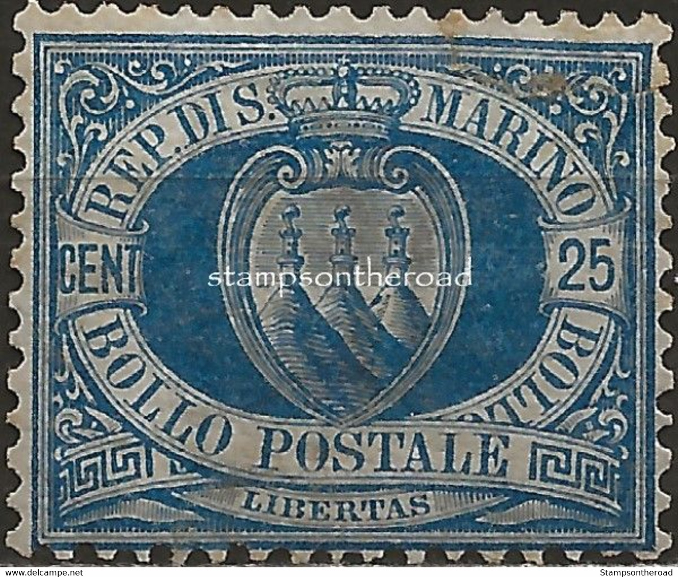 SM30L - San Marino 1894/99, Sassone Nr. 30, 25 Cent. Azzurro, Francobollo Nuovo Con Traccia Di Linguella - Neufs