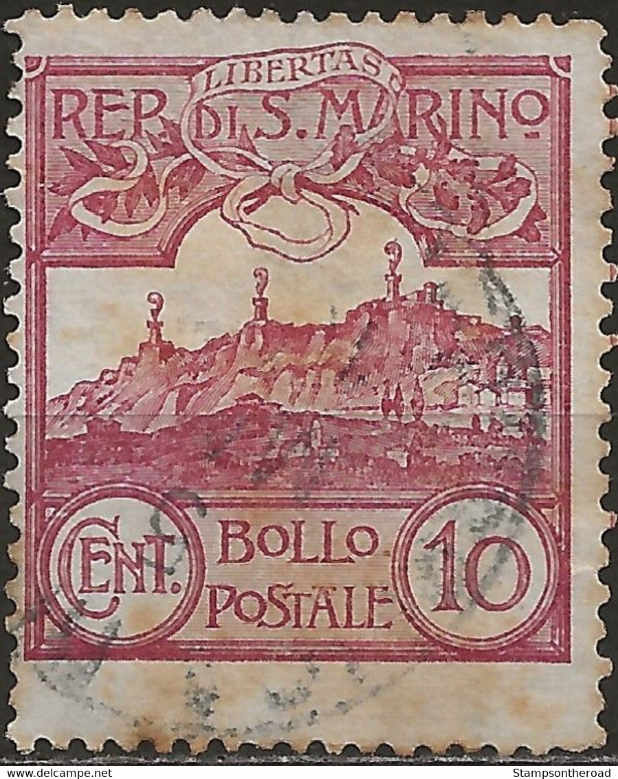 SM36U - San Marino 1903, Sassone Nr. 36, 10 Cent. Carminio, Francobollo Usato - Oblitérés