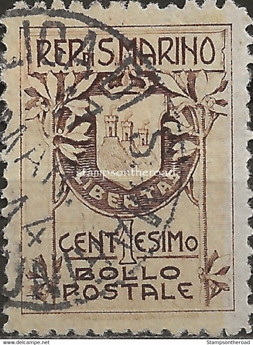 SM49U - San Marino 1910, Sassone Nr. 49, 1 Cent. Bruno Su Fondo Giallo, Usato Per Posta - Oblitérés