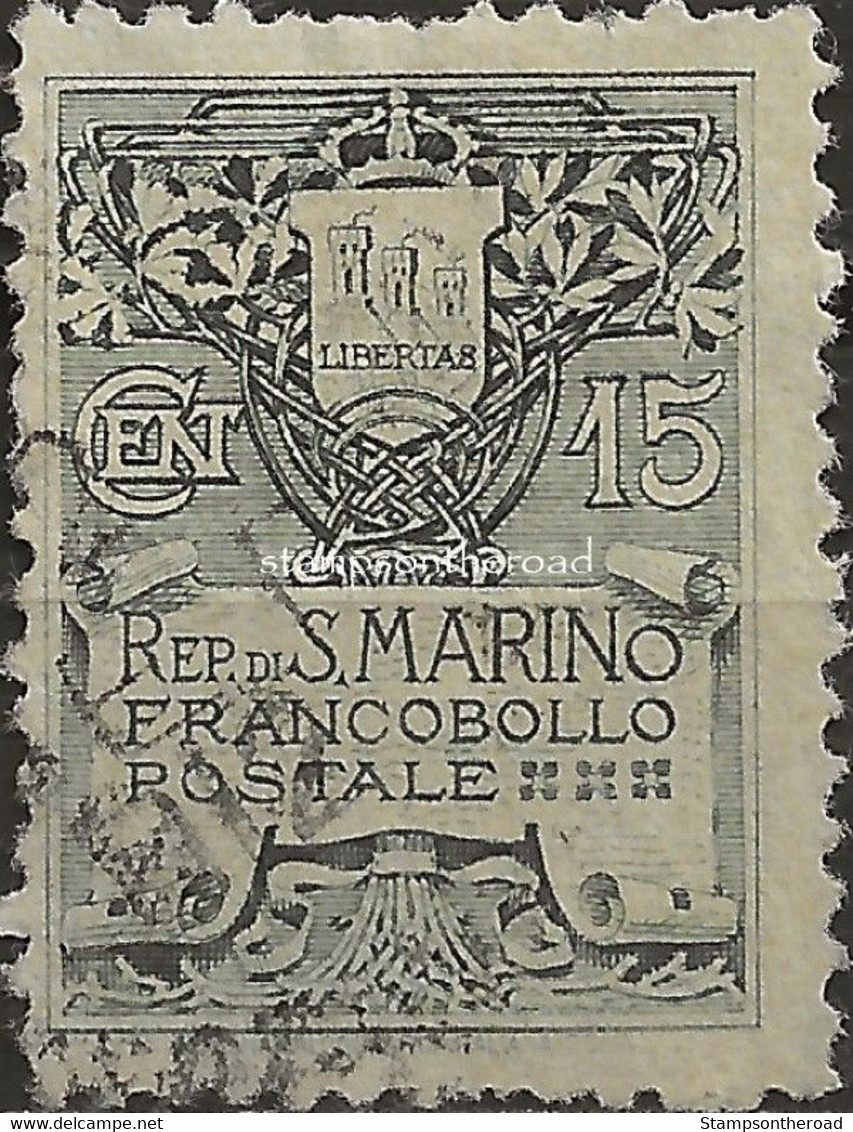 SM50U - San Marino 1910, Sassone Nr. 50, 15 Cent. Ardesia Su Fondo Giallo, Usato Per Posta - Used Stamps