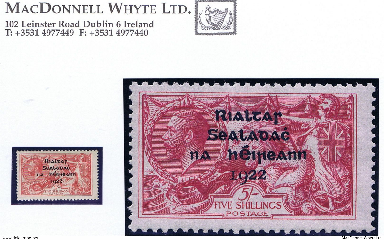 Ireland 1922 Thom Rialtas 4-line Ovpt In Blue-black On 5s Rose-red Fresh And Fine Mint Unmounted - Ungebraucht