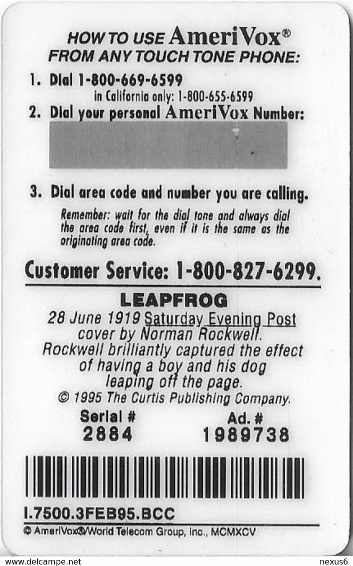 USA - AmeriVox - The Saturday Evening Post, Norman Rockwell 'Leapfrog', 03.02.1995, Remote Mem. 5$, 7.500ex, Mint - Amerivox