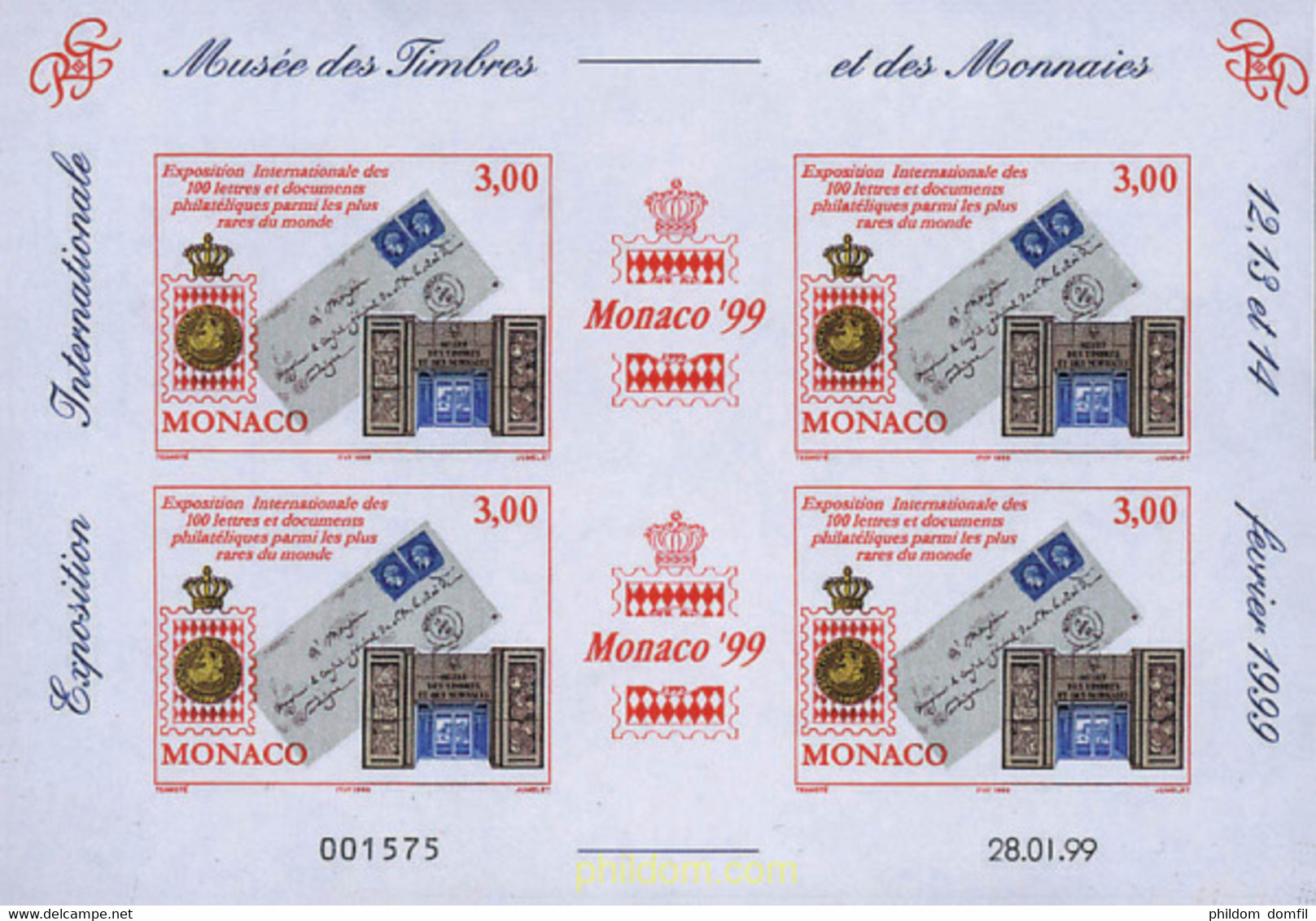 578690 MNH MONACO 1999 MONACO 99. EXPOSICION FILATELICA INTERNACIONAL - Autres & Non Classés