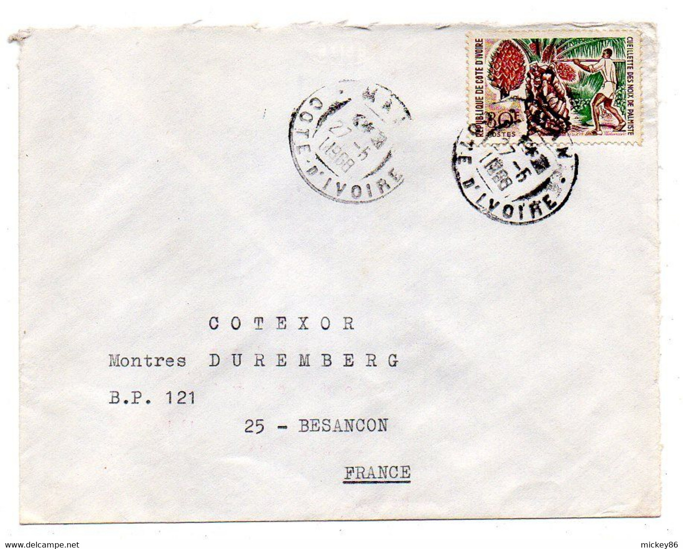 Côte D'Ivoire-1968- Lettre  MAN  Pour Besançon-25-tp Cueillette Noix Palmiste.  Seul Sur Lettre..beau Cachet. - Ivory Coast (1960-...)