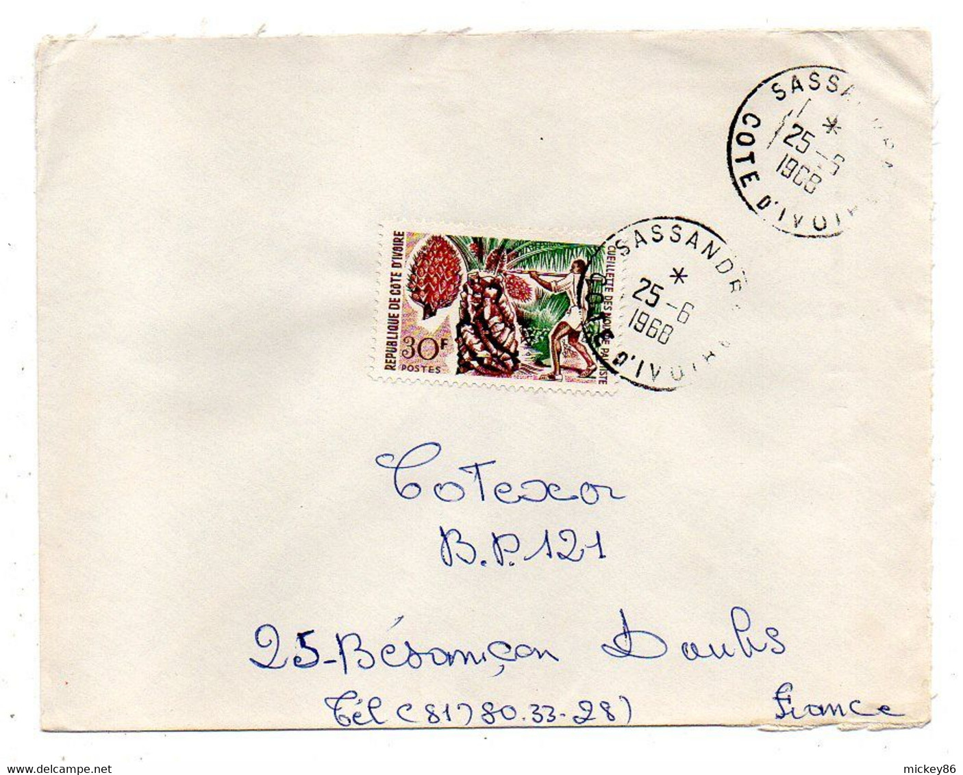 Côte D'Ivoire-1968- Lettre SASSANDRA  Pour Besançon-25-tp Cueillette Noix Palmiste.  Seul Sur Lettre..beau Cachet. - Côte D'Ivoire (1960-...)