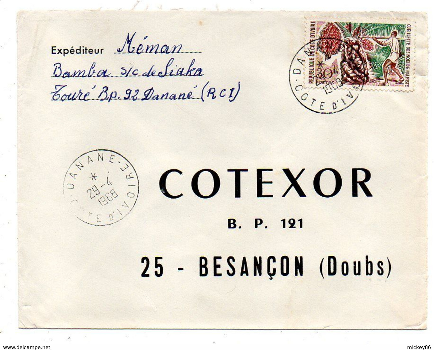 Côte D'Ivoire-1968- Lettre DANANE  Pour Besançon-25-tp Cueillette Noix Palmiste.  Seul Sur Lettre..... Cachet. - Côte D'Ivoire (1960-...)
