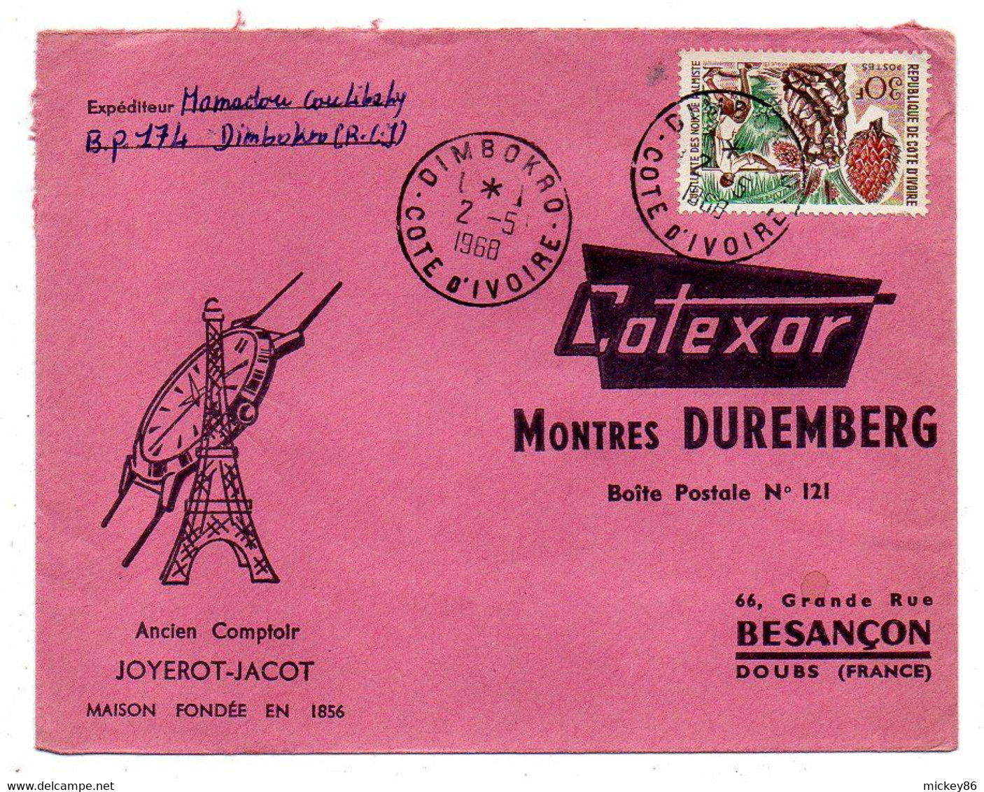Côte D'Ivoire-1968- Lettre  DIMBOKRO  Pour Besançon-25-tp Cueillette Noix Palmiste.  Seul Sur Lettre..... Cachet. - Costa De Marfil (1960-...)