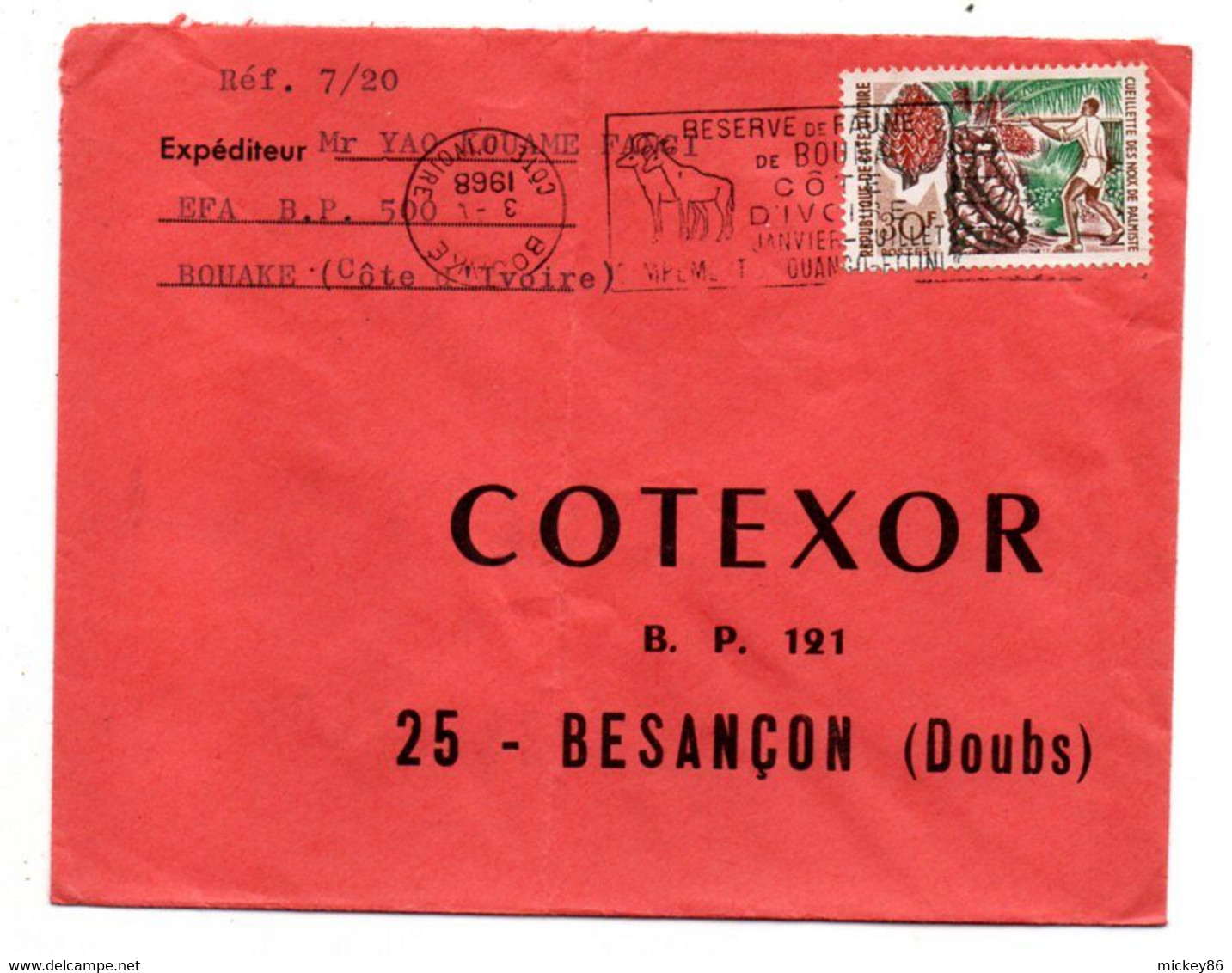 Côte D'Ivoire-1968- Lettre BOUAKE  Pour Besançon-25-tp Cueillette Noix Palmiste.  Seul Sur Lettre. .cachet Réserve BOUNA - Côte D'Ivoire (1960-...)