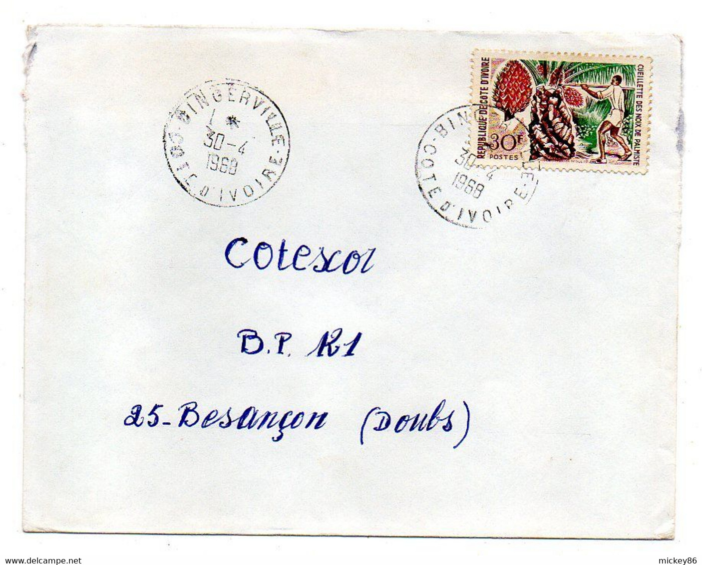 Côte D'Ivoire-1968- Lettre BINGERVILLE  Pour Besançon-25-tp Cueillette Noix Palmiste.  Seul Sur Lettre. .cachet - Ivory Coast (1960-...)