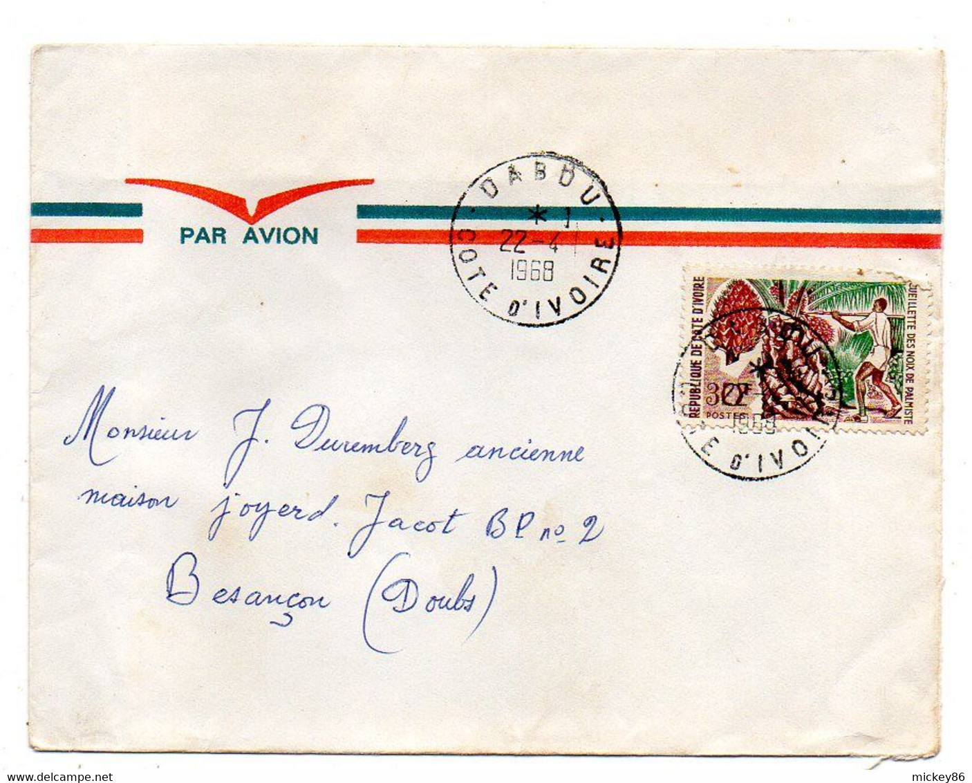 Côte D'Ivoire-1968- Lettre DABOU  Pour Besançon-25-tp Cueillette Noix Palmiste.  Seul Sur Lettre. .cachet - Côte D'Ivoire (1960-...)