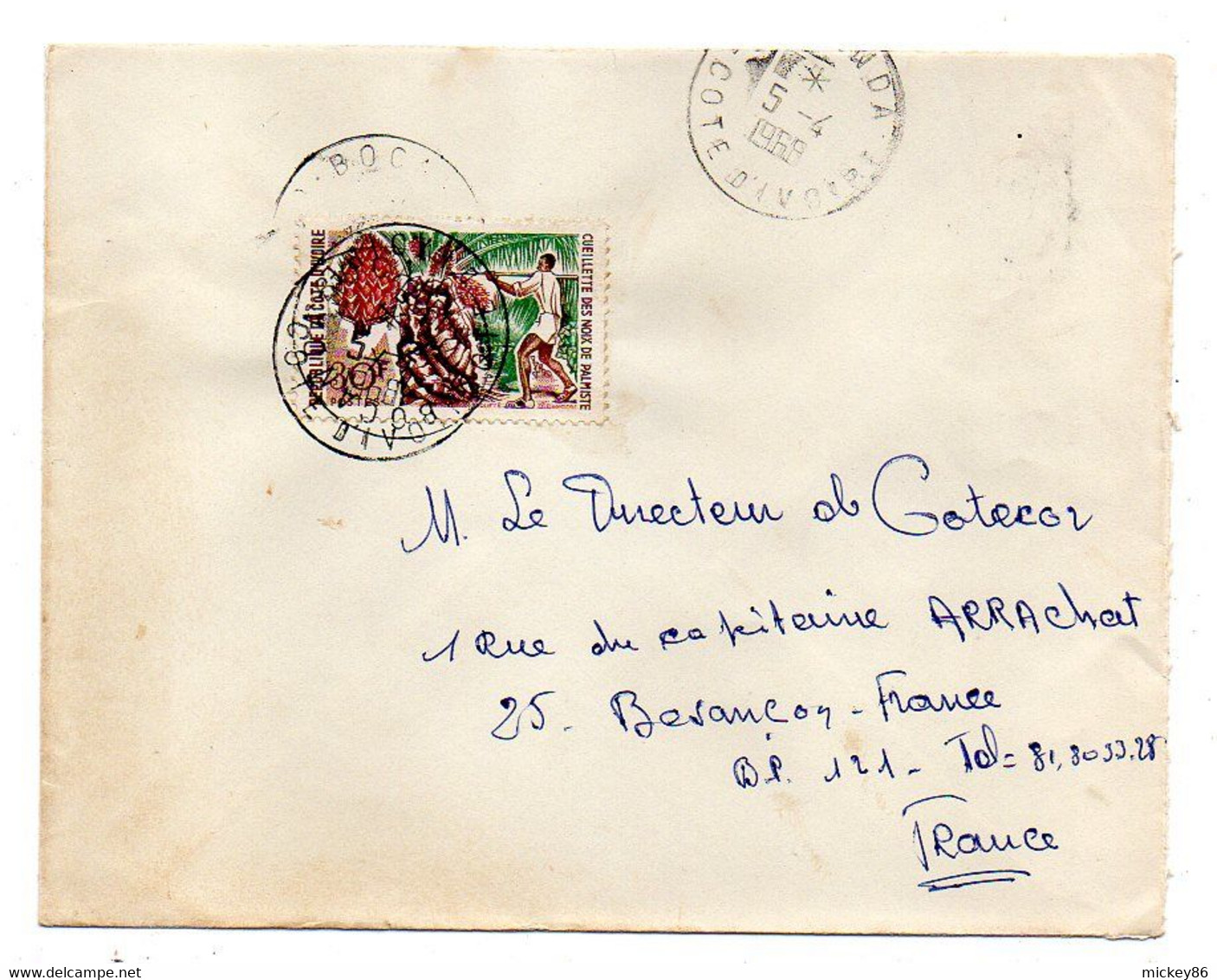 Côte D'Ivoire-1968- Lettre  BOCANDA   Pour Besançon-25-tp Cueillette Noix Palmiste.  Seul Sur Lettre. .cachet - Costa De Marfil (1960-...)