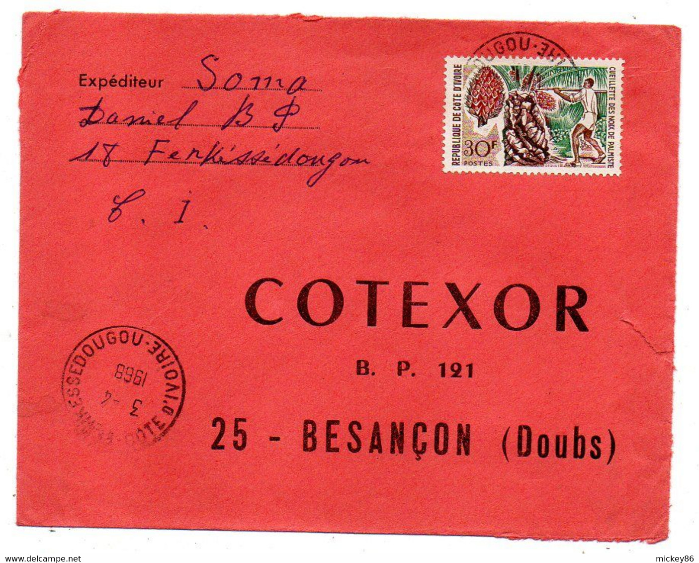 Côte D'Ivoire-1968- Lettre FERKESSEDOUGOU Pour Besançon-25-tp Cueillette Noix Palmiste.seul Sur Lettre..cachet Besançon - Ivoorkust (1960-...)