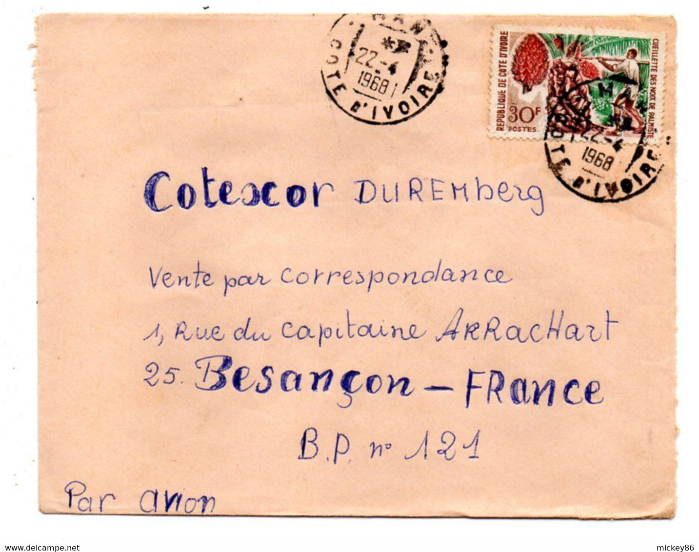 Côte D'Ivoire-1968- Lettre MAN  Pour Besançon-25-tp Cueillette Noix Palmiste.seul Sur Lettre..cachet - Costa D'Avorio (1960-...)