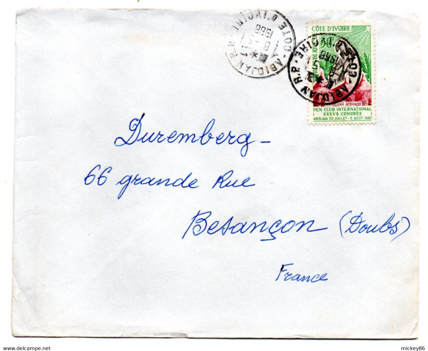 Côte D'Ivoire-1968- Lettre  ABIDJAN RP  Pour Besançon-25-tp Congrès Pen Club International  Seul Sur Lettre..cachet - Côte D'Ivoire (1960-...)