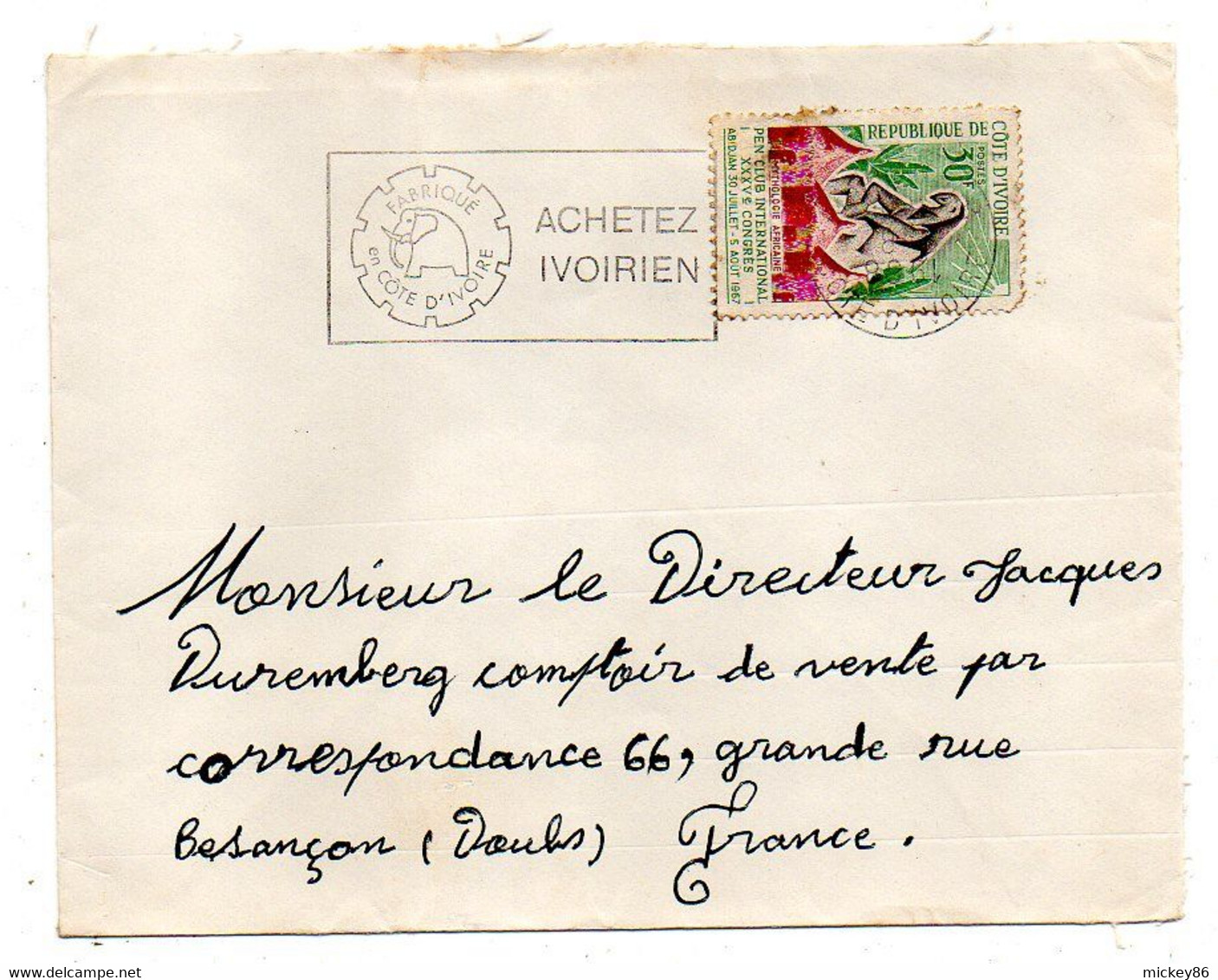 Côte D'Ivoire-1968-lettre ABIDJAN RP Pour Besançon-25-tp Congrès Pen Club International Seul Sur Lettre"Achetez Ivoirien - Côte D'Ivoire (1960-...)