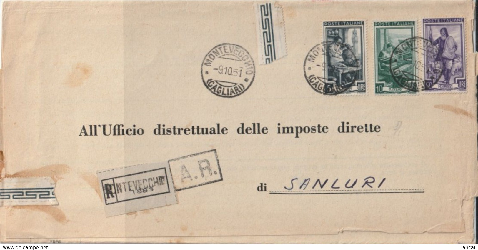 A119. Montevecchio. 1951. Modulo Raccomandato A.R. Da MONTEVECCHIO (CAGLIARI) A Sanluri, Con Italia Al Lavoro - 1946-60: Marcophilie