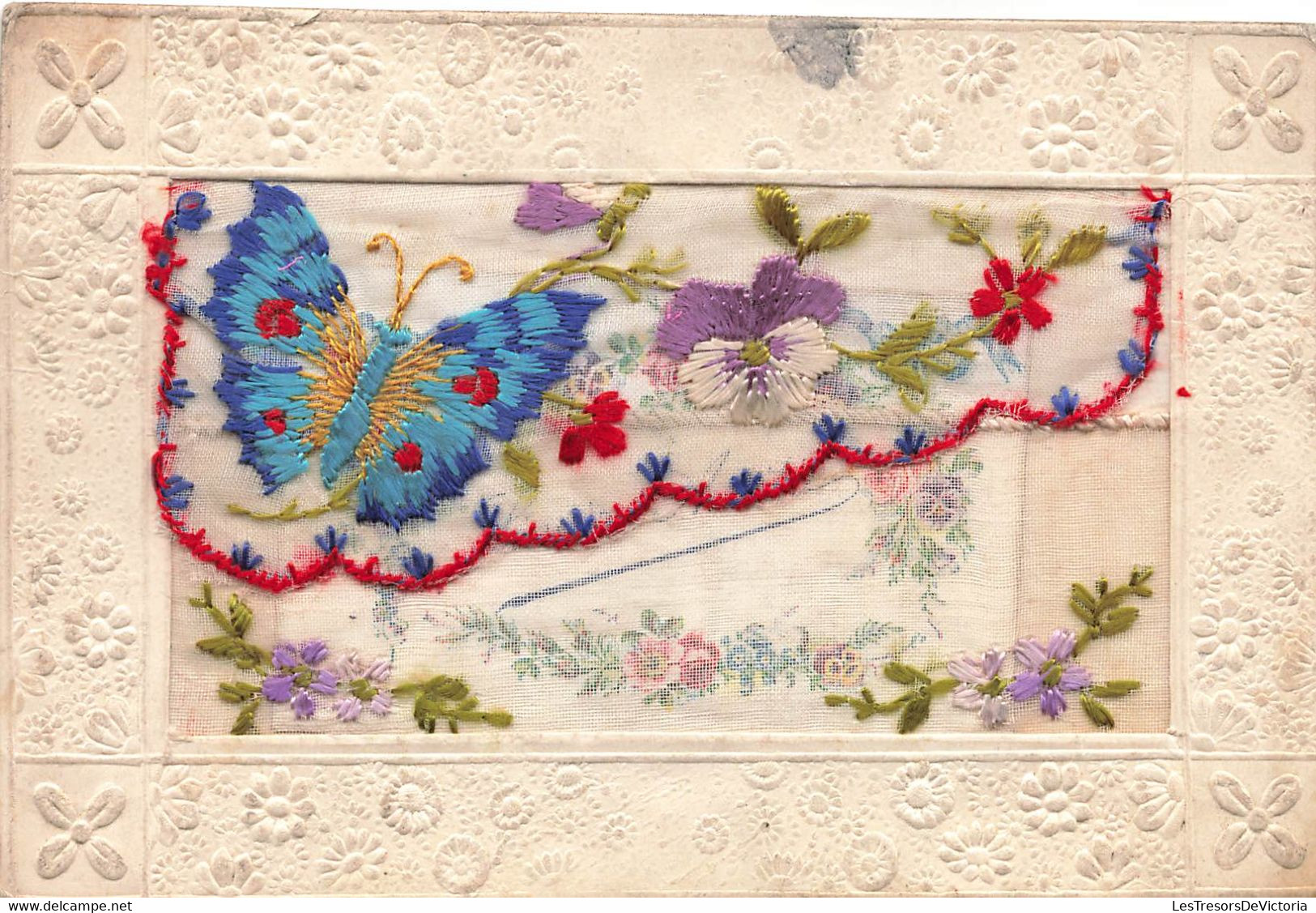 CPA Fantaisie Brodée Papillon Et Fleurs - Enveloppe Brodée Avec Message à L'interieur - Brodées