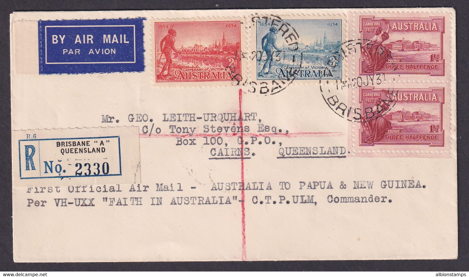 Australia 1931 Registered First Flight Cover Australia To Papua & New Guinea - First Flight Covers