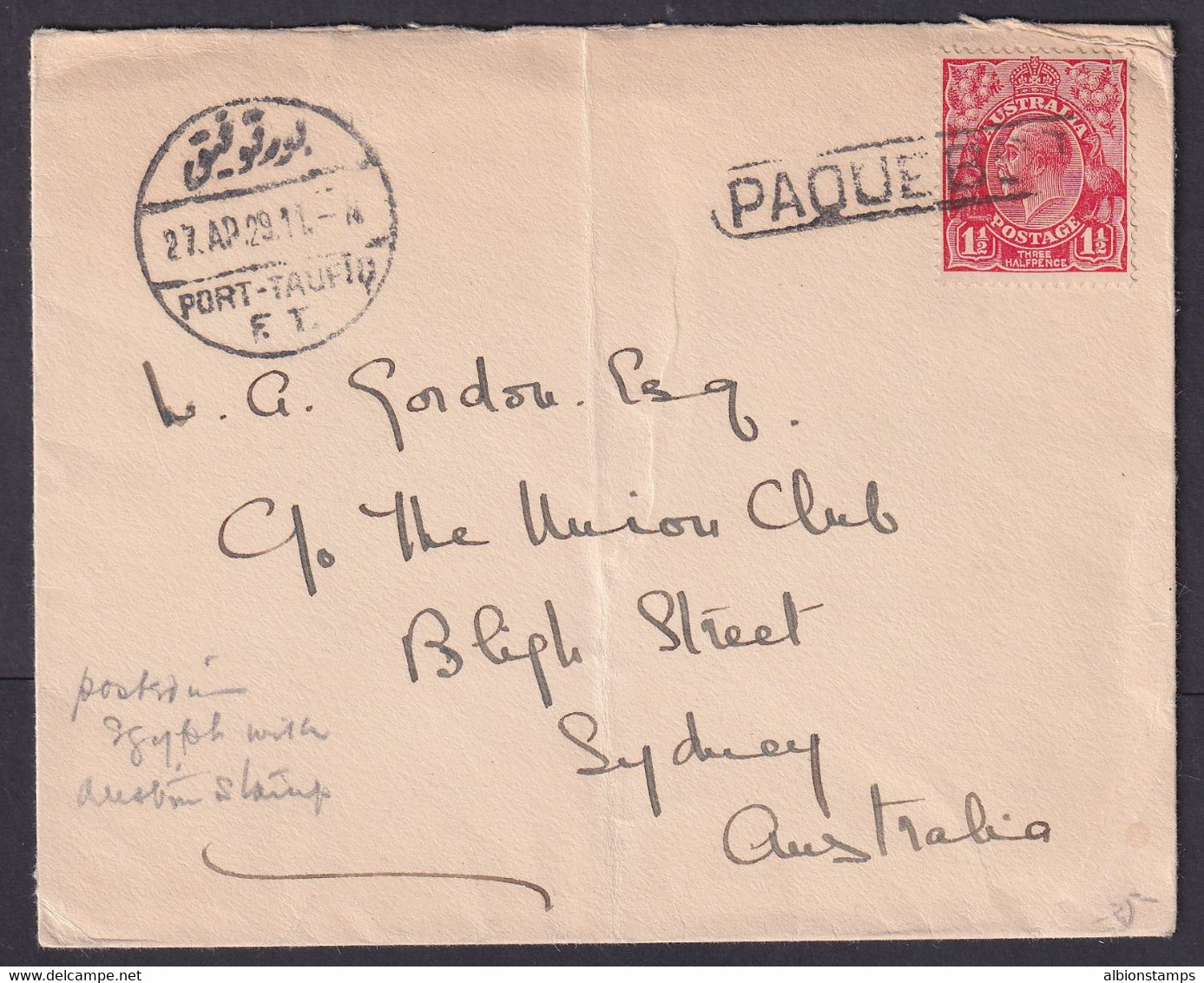 Australia 1929 KGV Tied By PAQUEBOT With Port Taufiq Egypt On To Sydney - Eerste Vluchten