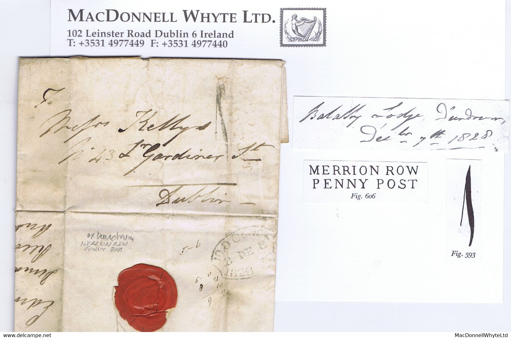 Ireland Dublin Balally Lodge 1828 Letter Re Half Notes MERRION ROW/PENNY POST And 10.O'CLOCK MN Timestamp - Prefilatelia