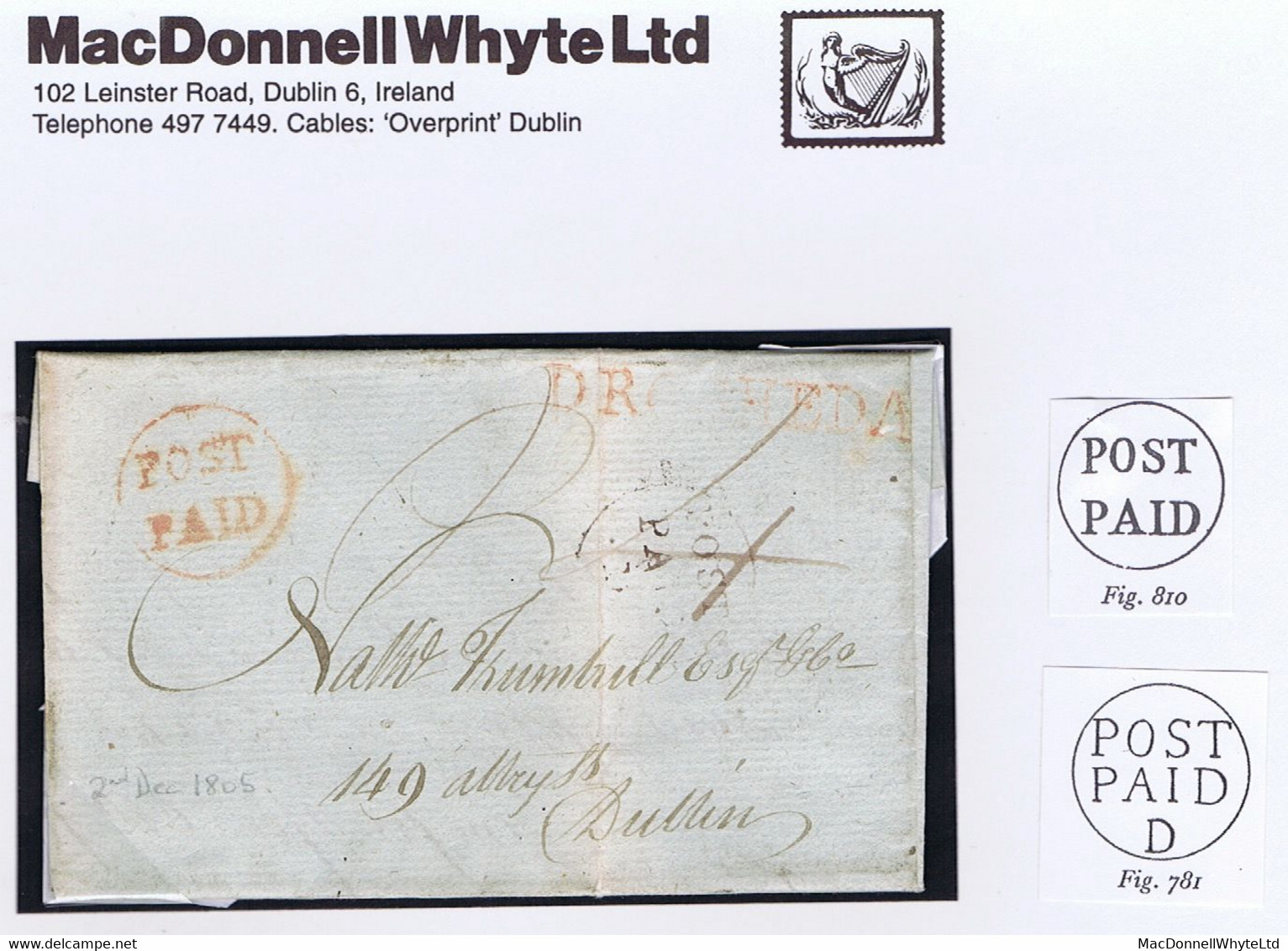 Ireland Louth 1805 Letter To Dublin Prepaid "P4" With Circular POST PAID Of Drogheda In Red, Matching DROGHEDA Large Typ - Préphilatélie