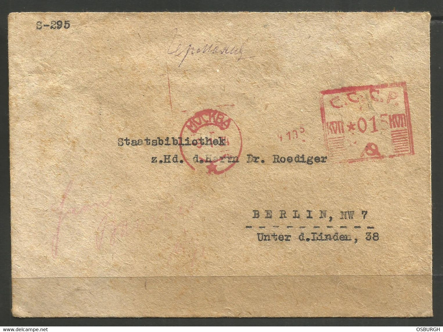 RUSSIA / GERMANY. 1934. COVER. RED MACHINE MOSCOW CANCEL. ADDRESSED TO STATE LIBRARY BERLIN. - Covers & Documents