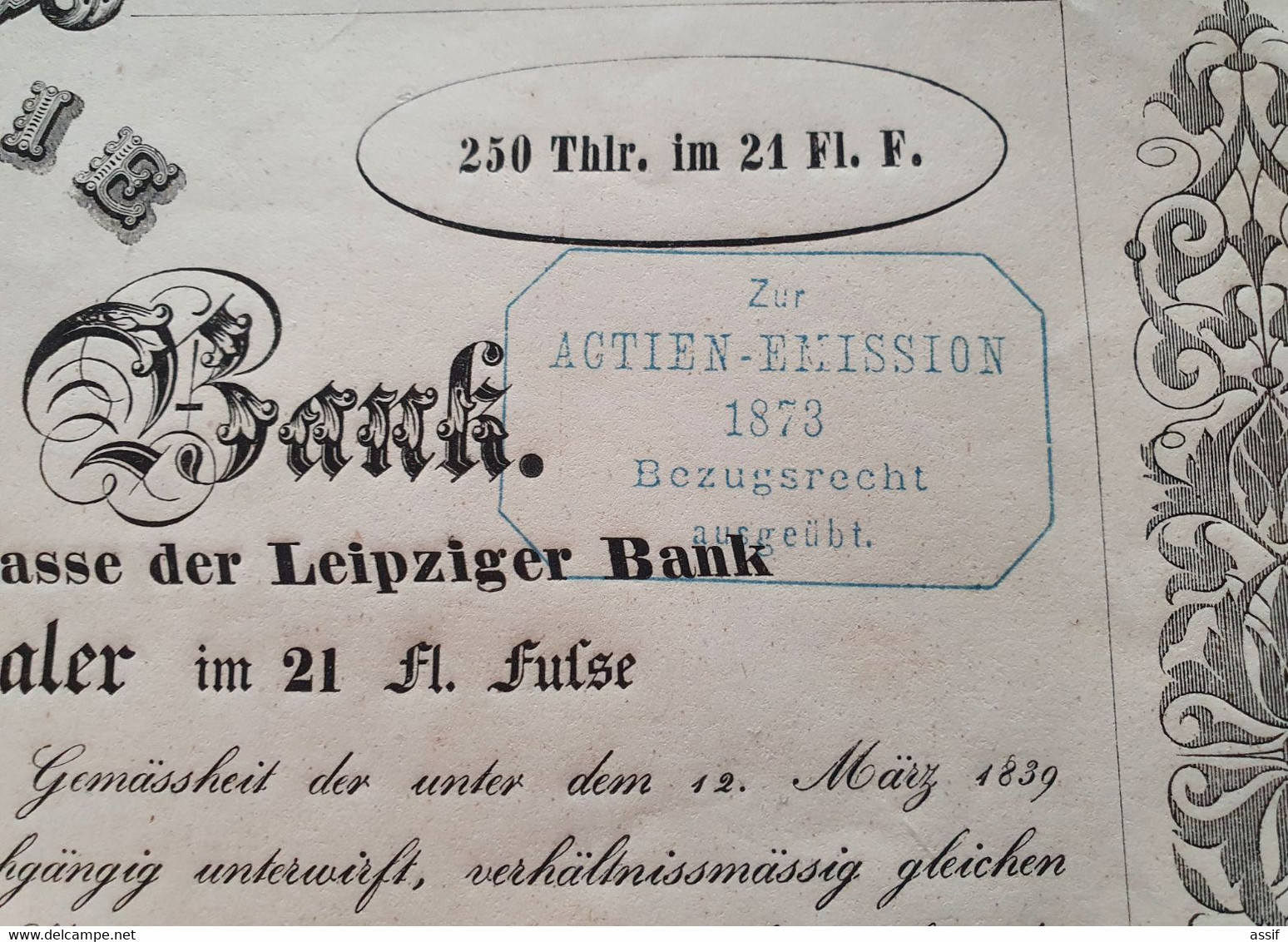 1839 LEIPZIGER BANK 250 THALER LEIPZIG ACTIE ACTION TITRE /FREE SHIPPING R - Andere & Zonder Classificatie