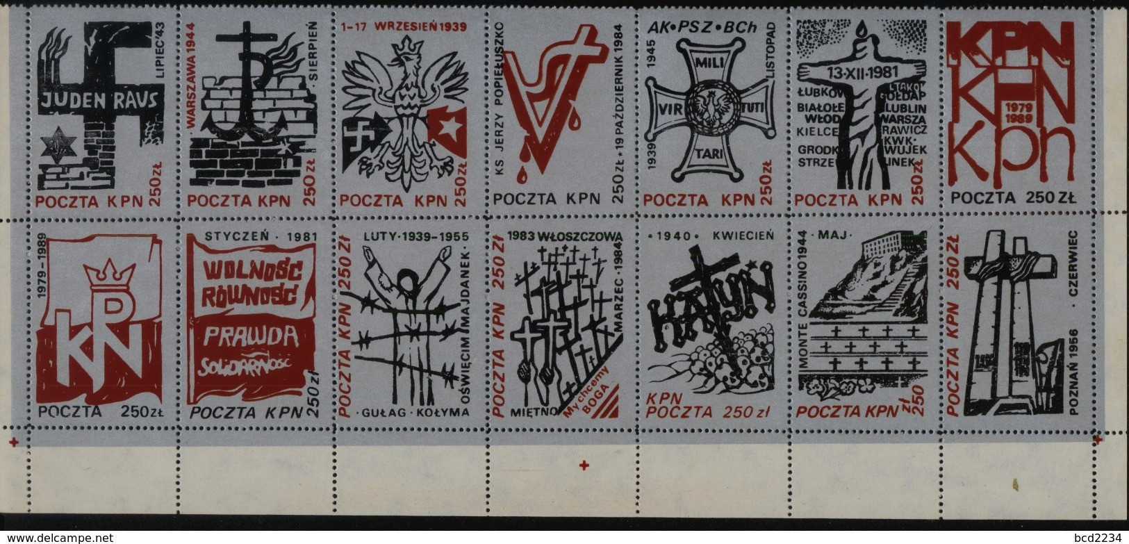 POLAND SOLIDARNOSC SOLIDARITY 1989 KPN POLISH MONTHS 1939-89 SET OF 14 SILVER STRIPS T2 Barbed Wire Warsaw Uprising WW2 - Viñetas Solidarnosc