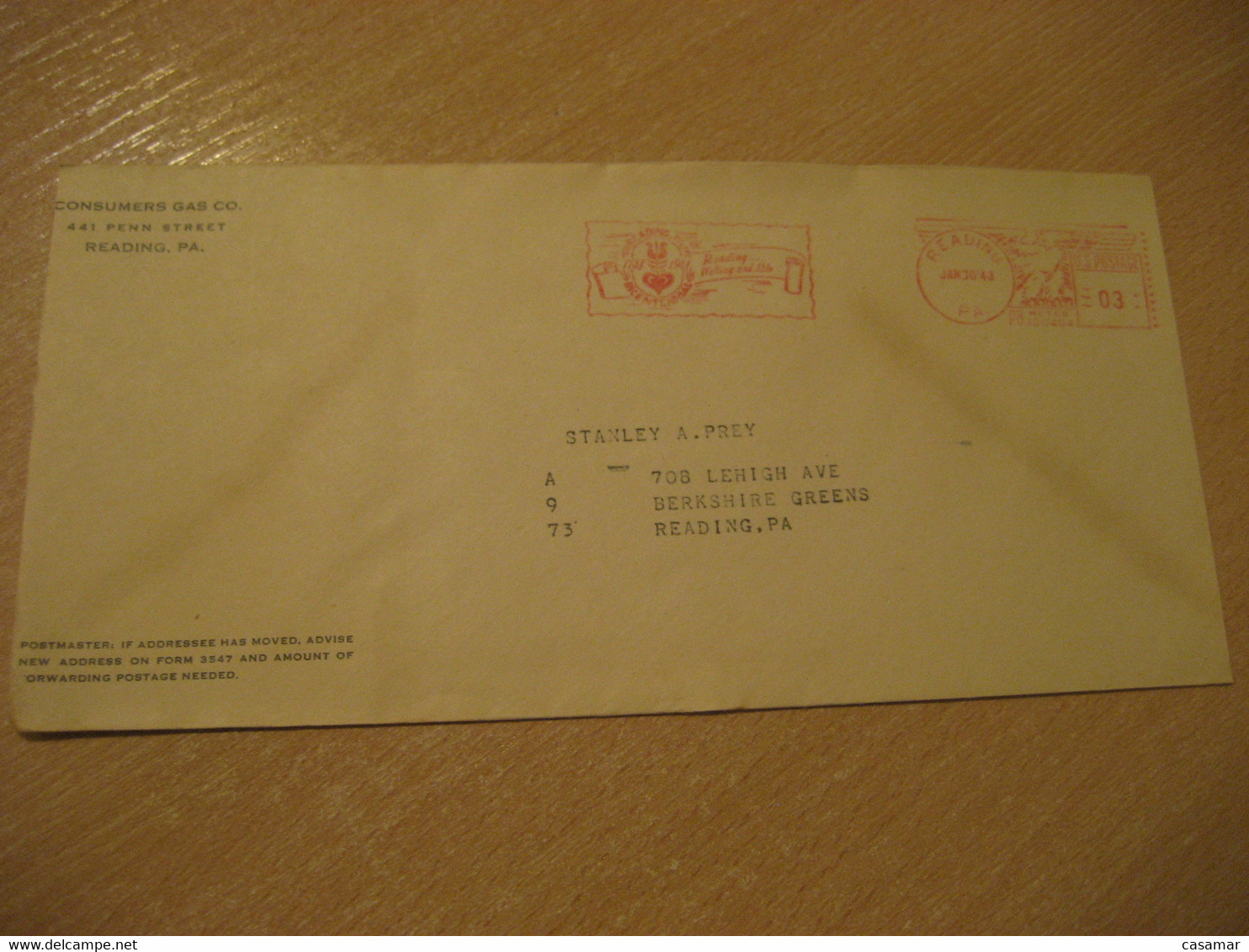 READING 1948 Consumers Gas Co. Willing And Able Meter Mail Cancel Cover USA Energy Energie - Gas