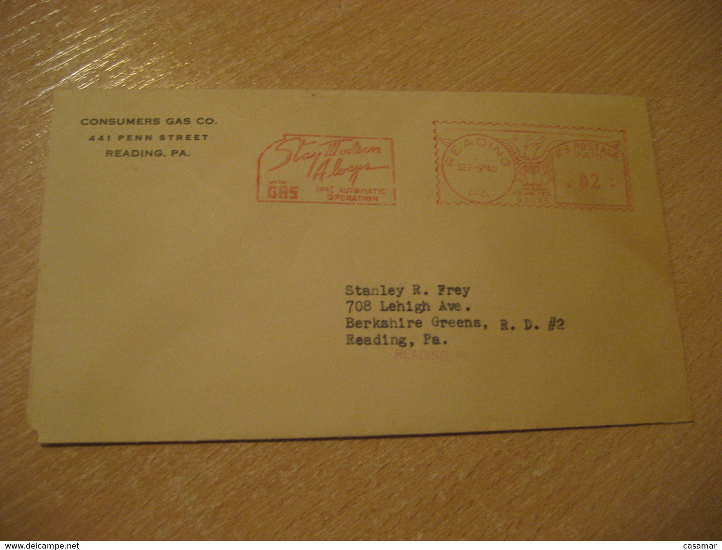 READING 1940 Consumers Gas Co. Modern With Gas Meter Mail Cancel Cover USA Energy Energie - Gaz