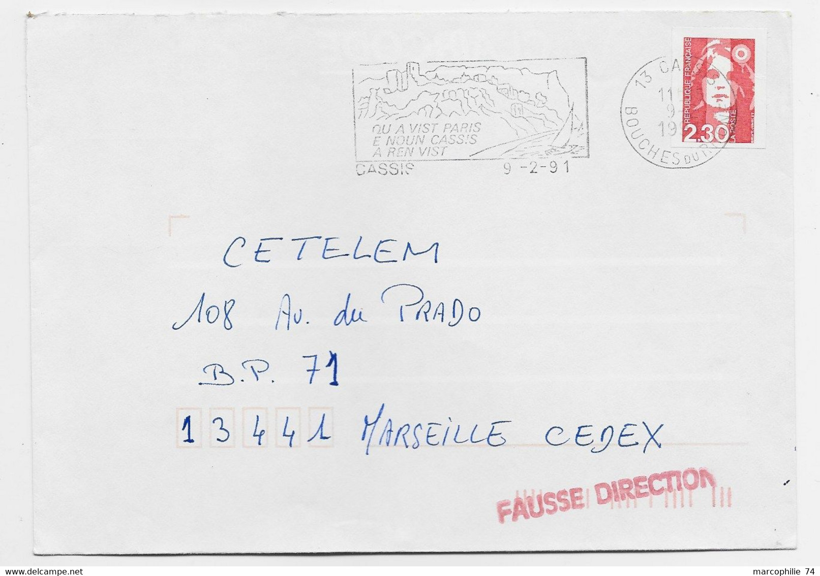 FRANCE BRIAT 2FR30 LETTRE CASSIS 9.2.1991 POUR MARSEILLE VERSO MEC BLOIS + GRIFFE ROUGE FAUSSE DIRECTION - Lettere Accidentate