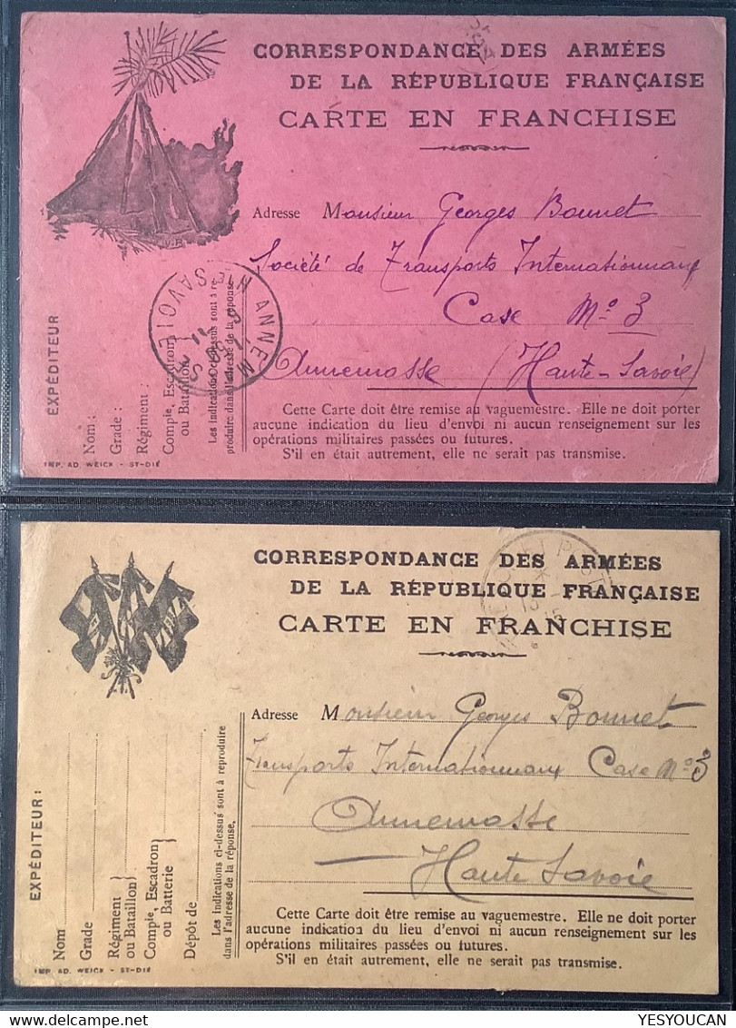 "AD WEICK ST DIÉ" 2 Carte FM Guerre 1914-18 Privée: Faisceau De Fusils+RARE Drapeaux(franchise Postale WW1 France Vosges - 1. Weltkrieg 1914-1918