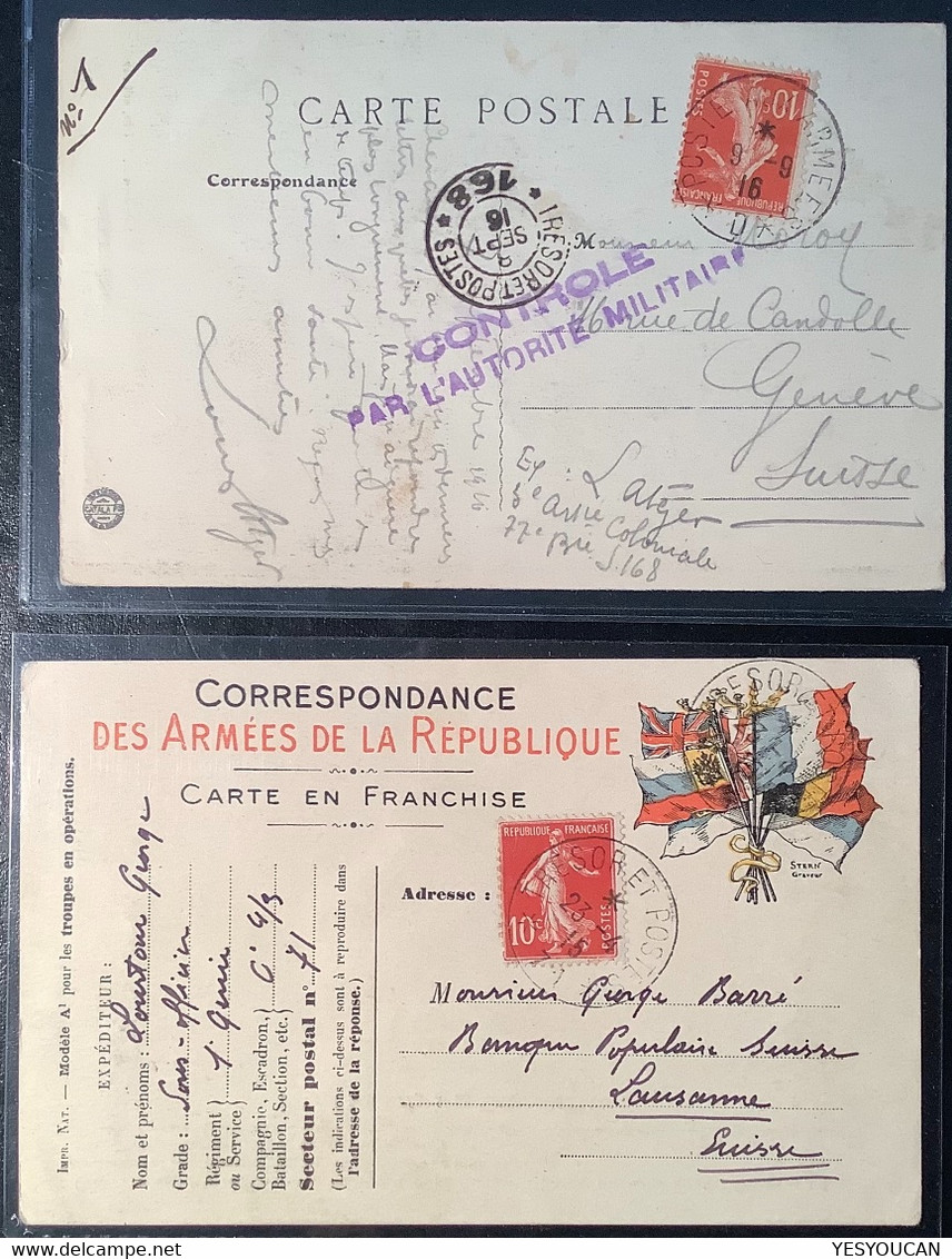 2 Carte FM Guerre 1914-18 10c Semeuse #138>Lausanne & Genéve SUISSE  (franchise Postale Censure WW1 France Schweiz 1.WK - Guerra De 1914-18