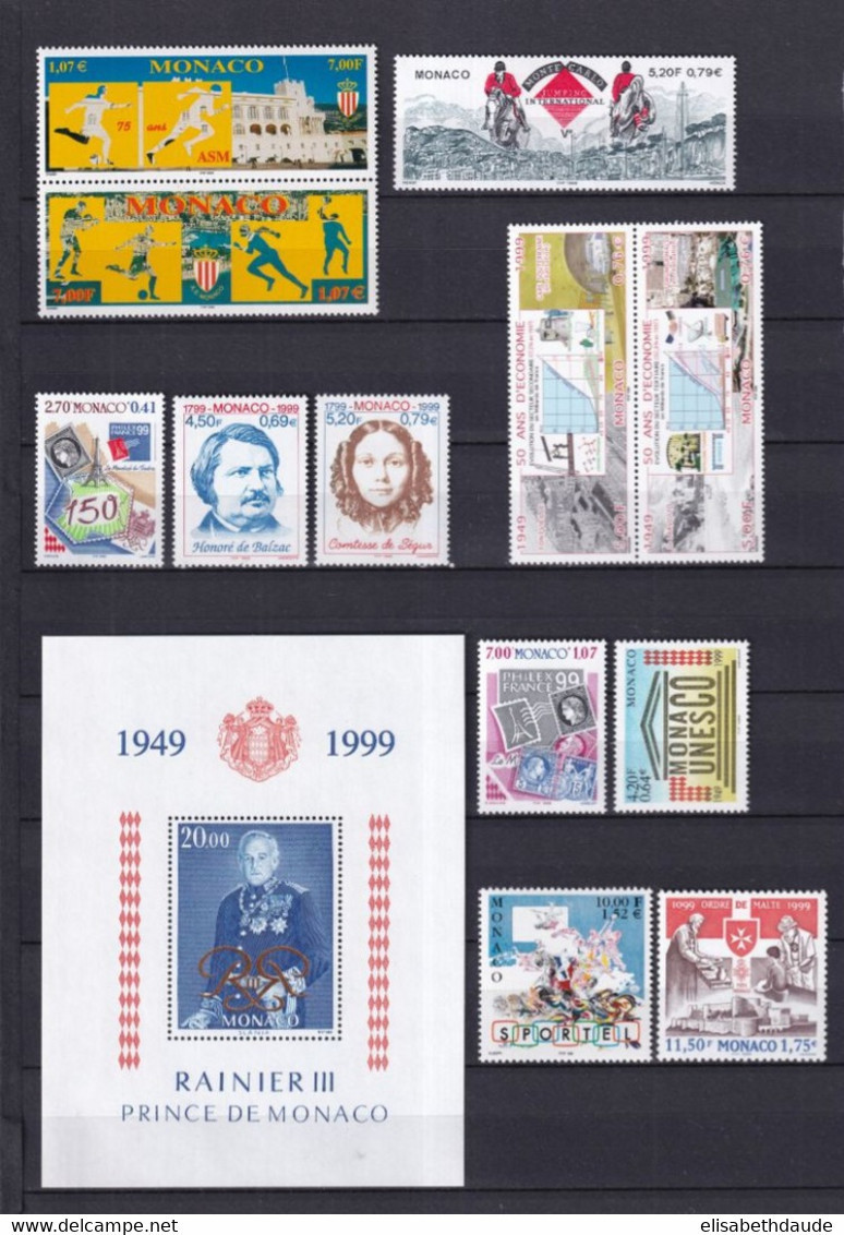 MONACO - 1999 - ANNEE COMPLETE ** MNH - LARGEMENT SOUS FACIALE ! - 38 TIMBRES + 4 BLOCS - COTE = 140.5 EUR. - 3 PAGES - Años Completos