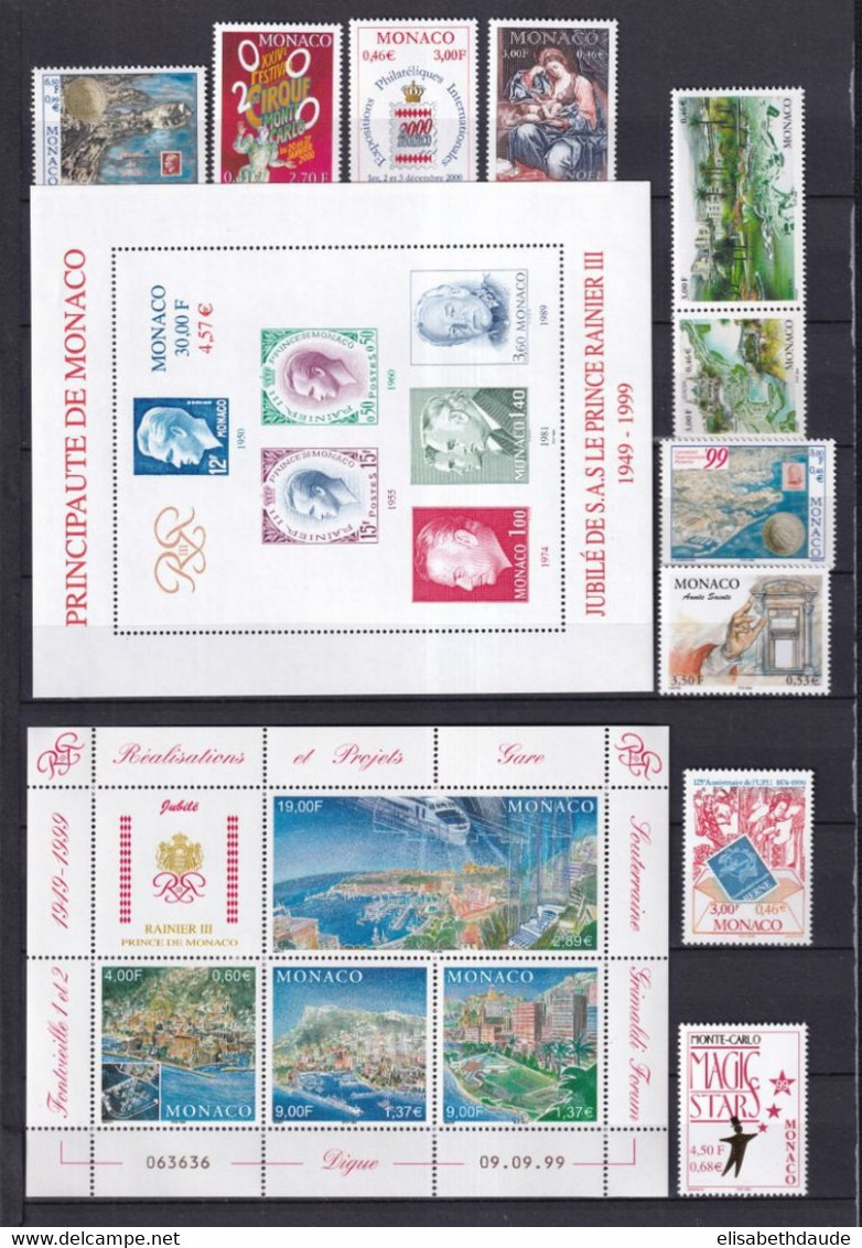 MONACO - 1999 - ANNEE COMPLETE ** MNH - LARGEMENT SOUS FACIALE ! - 38 TIMBRES + 4 BLOCS - COTE = 140.5 EUR. - 3 PAGES - Annate Complete