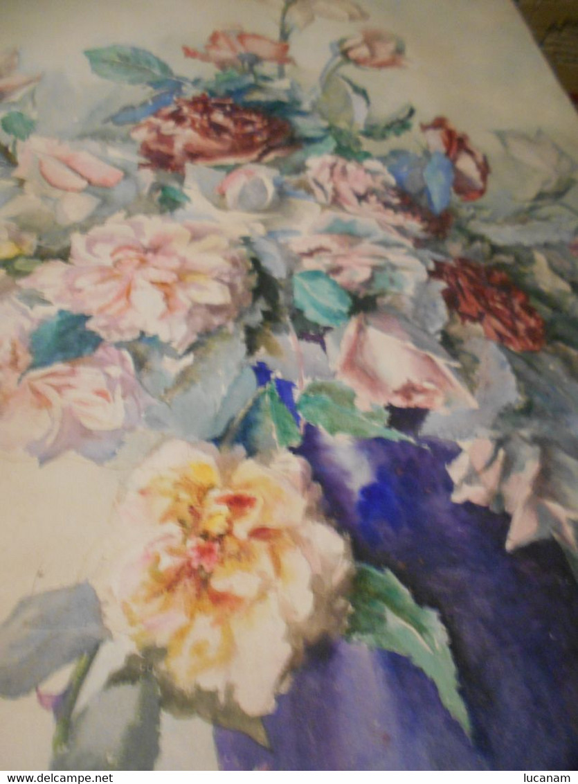 Grande Aquarelle Ancienne Fleurs Vers 1900 Signée Mad. Cotty (Madeleine) - Aquarelles