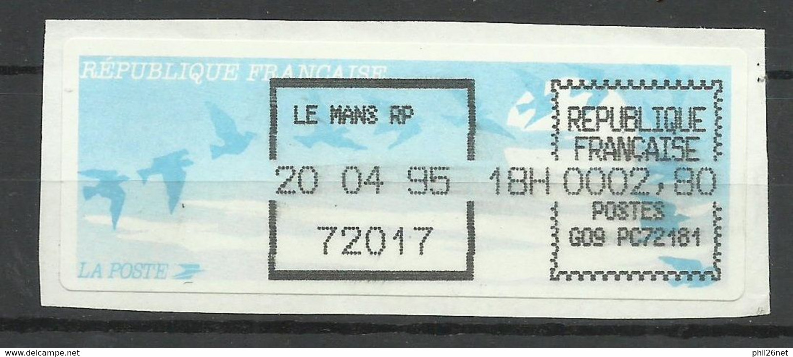 France  Vignette D'affranchissement Oiseaux De Jubert ,Le Mans 20/4/1995 2,80 F Noire    B/TB Voir Scan  Soldé ! ! ! - 1990 « Oiseaux De Jubert »