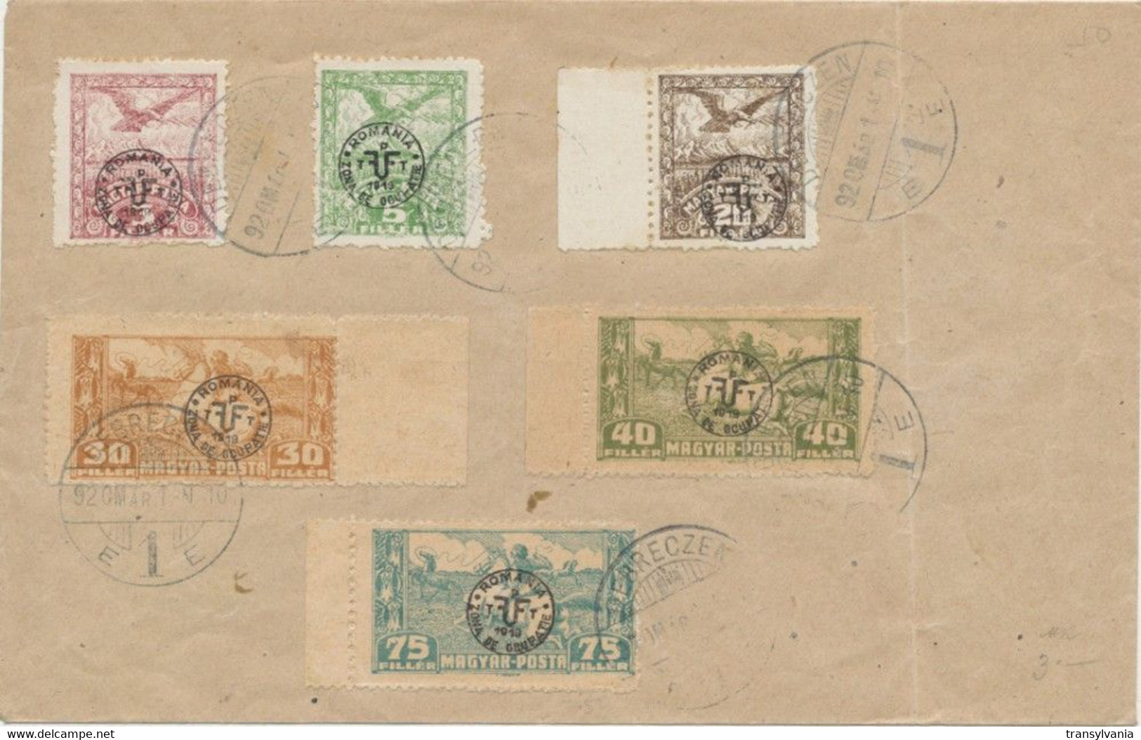 Romania 1919 Occupation In Hungary 2nd Debrecen Issue 6 Stamps Cancelled On Cover, Including Chalky Paper Varieties - Emissions Locales