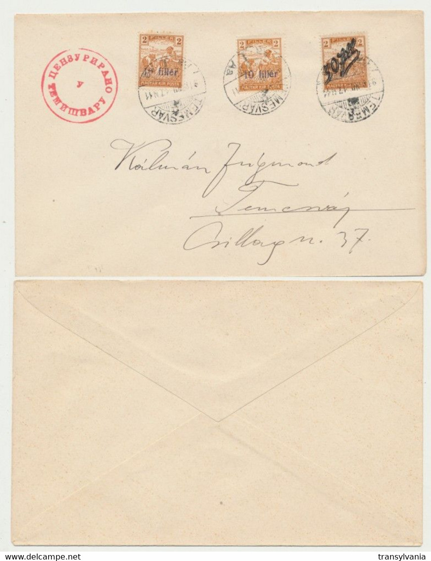 Romania Hungary 1919 Timisoara Serbia Occupation 3 Local Issue Overprinted Stamps Used On Censored Cover VF Condition - Emissioni Locali